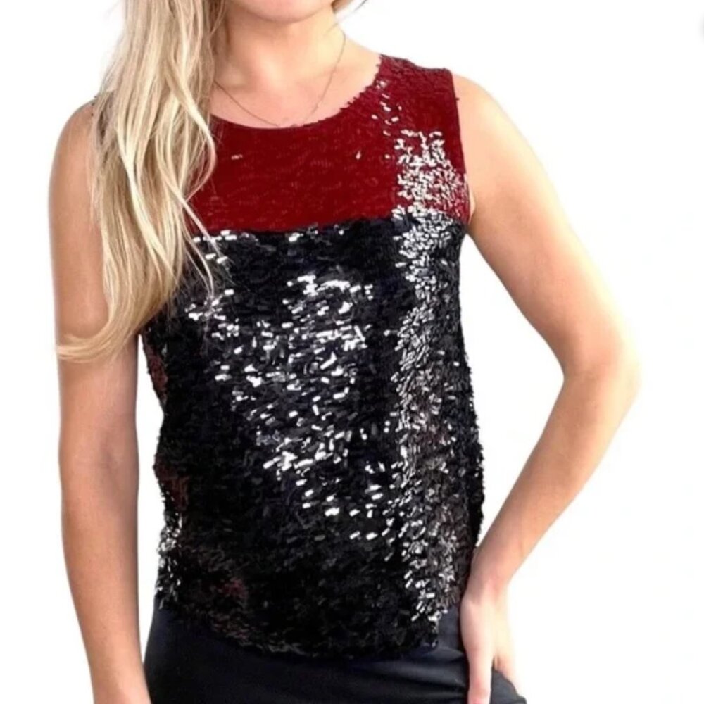 J. Crew Collection Sequin Deep Red + Navy Colorblock Sleeveless Tank Top/ Sz-L